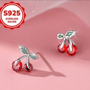 Sterling Silver Cherry Stud Earrings with Red Crystals